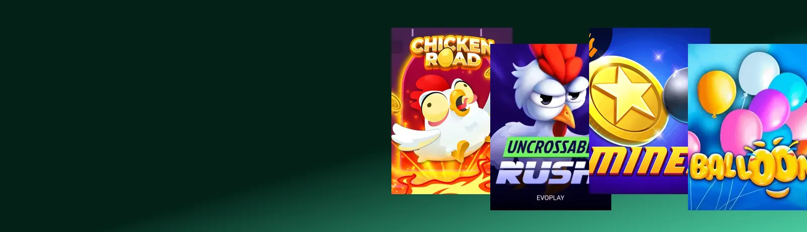 Portadas de Chicken Road, Uncrossable Rush, Mines y Balloon sobre fondo verde de Fundalor